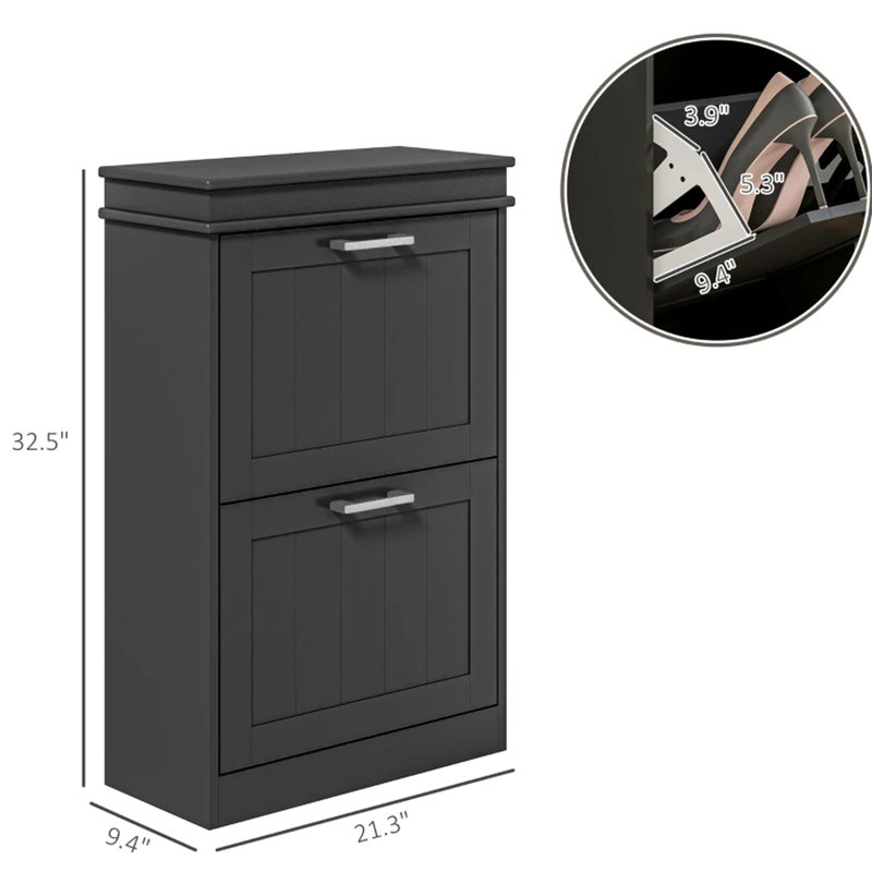 Hallway Shoe Storage Cabinet, Slim And Practical With Two Flip Doors Strip Handles, Drawers Featuring 2 - Level Adjustable Shelves To Store 10 Pairs Of Shoes, Flat Tabletop For Convenience, Board,