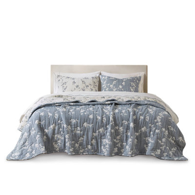 Premium Cotton Bedding Sets, 3 Piece Blue Jacquard Modern Home Quilt
