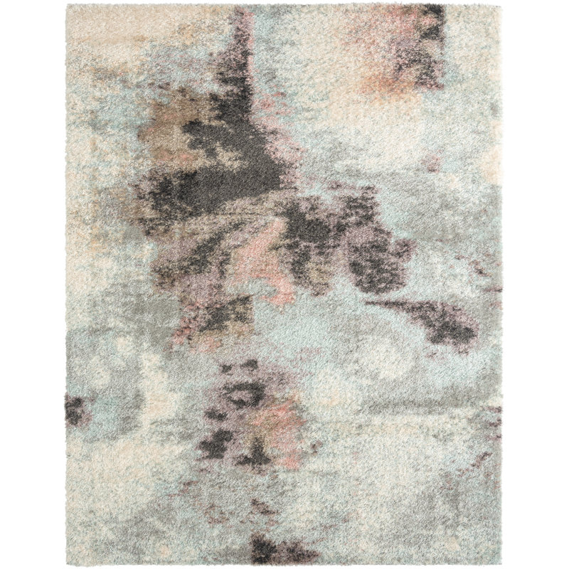 Tapis gris / pastel abstrait à poils longs, Rectangle 10 pi 4 po x 14 pi