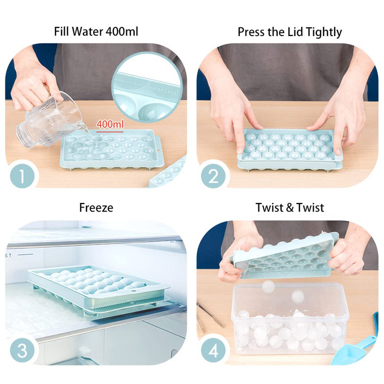 Blue Round Mini Ice Cube Trays for Freezer with Lid, Sphere Ice Ball Maker  Molds with Ice Bucket and Ice Scoop Making 66Pcs Ice Cubes 