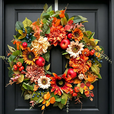 24 Inch Fall Wreath for Front Door, Full Autumn Wreath with Sunflowers,Peonies,Maple Leaf & Pumpkin – Thanksgiving Wreath for Front Door Outside, Orange Autumn Farmhouse Leaf Wreath Fall Door Decor for Outdoor Indoor Use