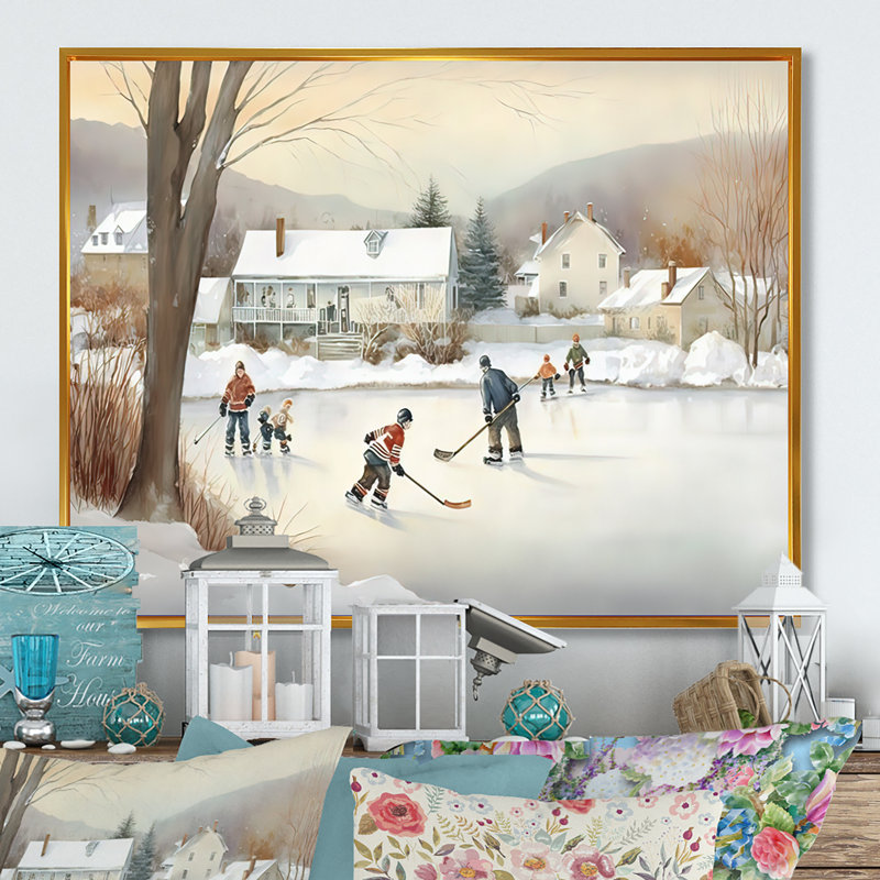 Enfants jouant au hockey en hiver - Décoration murale de hockey sport, H 12 po x l 20 po x P 1 po