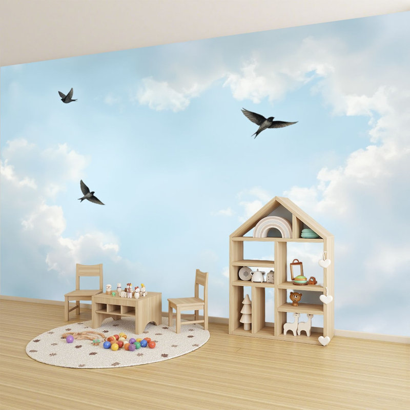 Papier peint auto-adhésif Soaring Swallows Dreamy Cloudy Sky, L 96 po x l 69 po