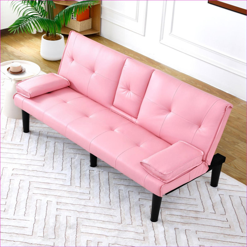 Sofas Couches | 67" Modern Convertible Sofa Bed, Cup Holder, for Apartment Dorm Office | Pink | PVC, Pink