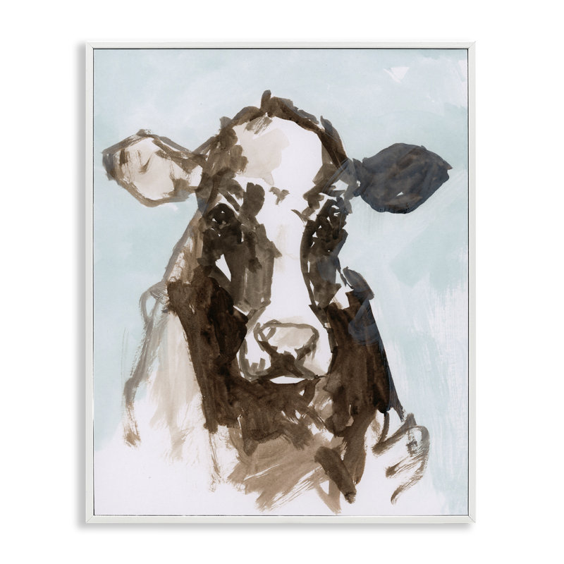 Vache abstraite sur estampe bleue encadrée, design par Casa Cartissi, H 14 po x l 11 po