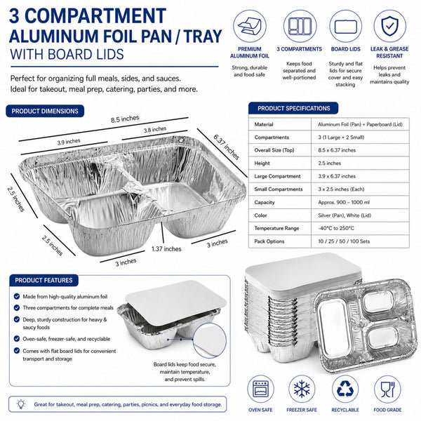 Plateau-repas jetable en aluminium à 3 compartiments avec couvercles en carton pour la restauration à emporter et le service de traiteur.