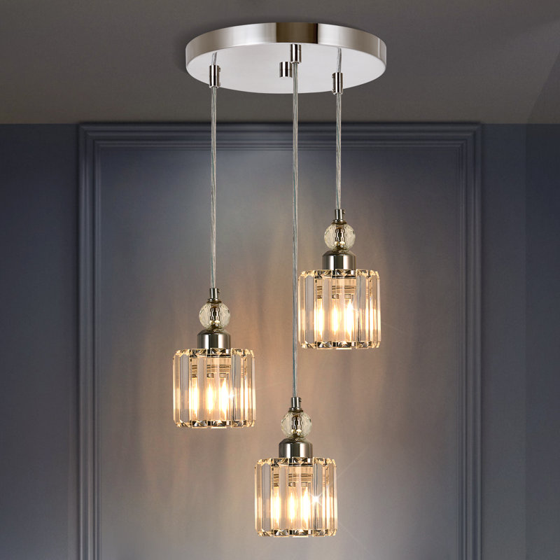 Luminaire suspendu cylindrique en cristal 3 lumières, Chrome