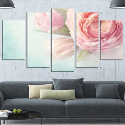 Pink Flowers Against Blue Background - 5 Piece Wrapped Canvas Print
