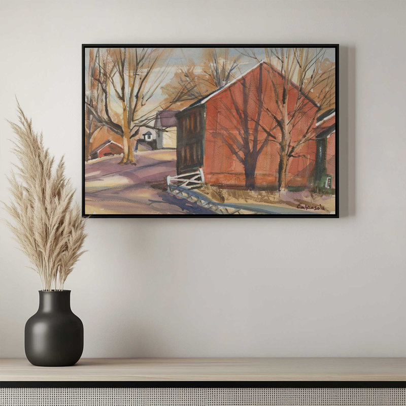 «Red Barn with Barren Trees» par Stephen Calcasola, reproduction d'art sur toile, H 36 po x l 48 po, Brun
