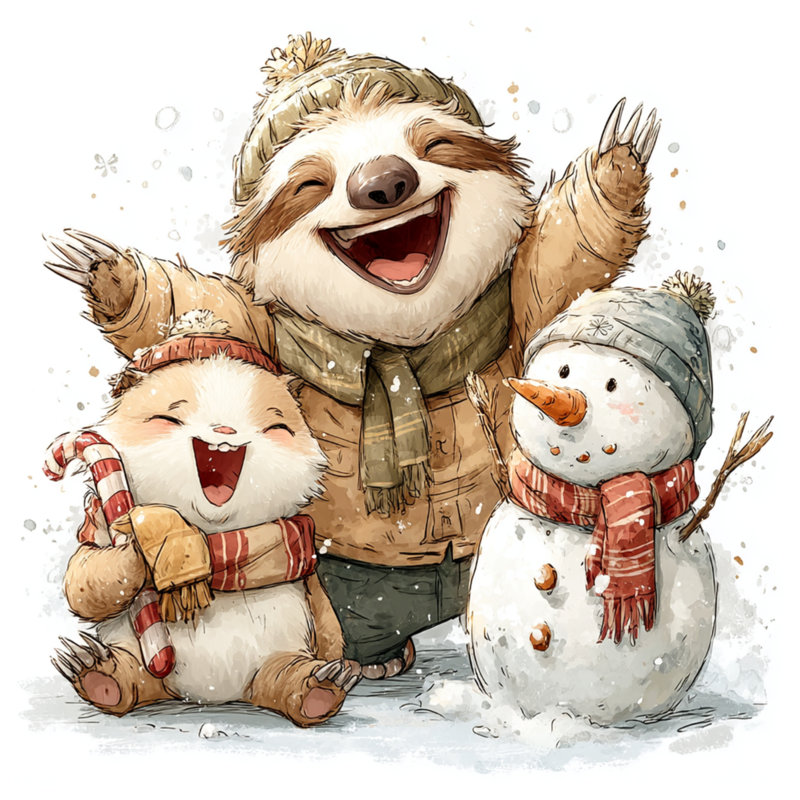 Mignon paresseux bonhomme de neige sur toile tendue, 32 po x 32 po