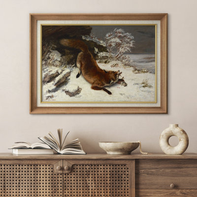 Renard chassant en hiver, œuvre d'art de paysage de chalet rustique, impression encadrée sur toile, estampe numérique.