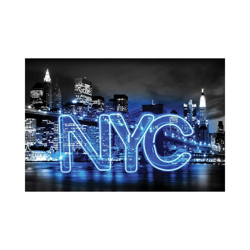 Neon New York City Blue On Black by Hailey Carr - Print on Canvas, 101.6 cm H x 66.04 cm W x 1.91 cm D, Wrapped Canvas