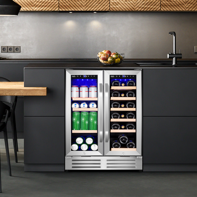 24 Inch Dual Zone Built-In and Freestanding Wine & Beverage Refrigerator - 18 Bottle & 57 Can Capacity, Stainless Steel Frame
