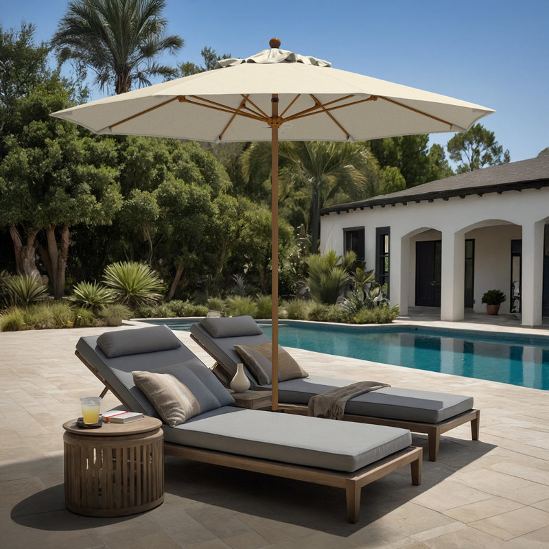 Parasol en bois de teck de 9 pieds avec nervures en fibre de verre et poussoir en oléfine beige antique, Beige antique