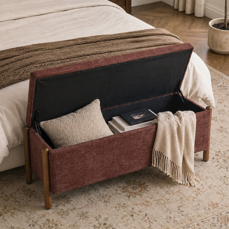 Multifunctional Chenille Storage Bench with Cylindrical Solid Wood Legs, Rust