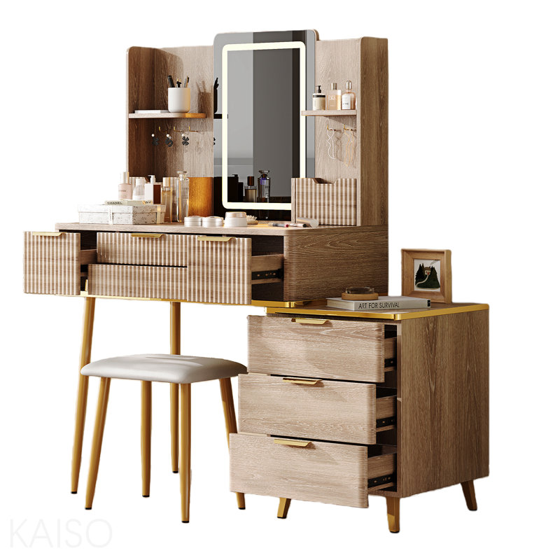 7-Drawer Vanity Desk With Led Mirror & Carved Details, Fluted Makeup Table With Metal Legs And Pu Stool, Carved Dressing Table With Jewelry Storage For Bedroom