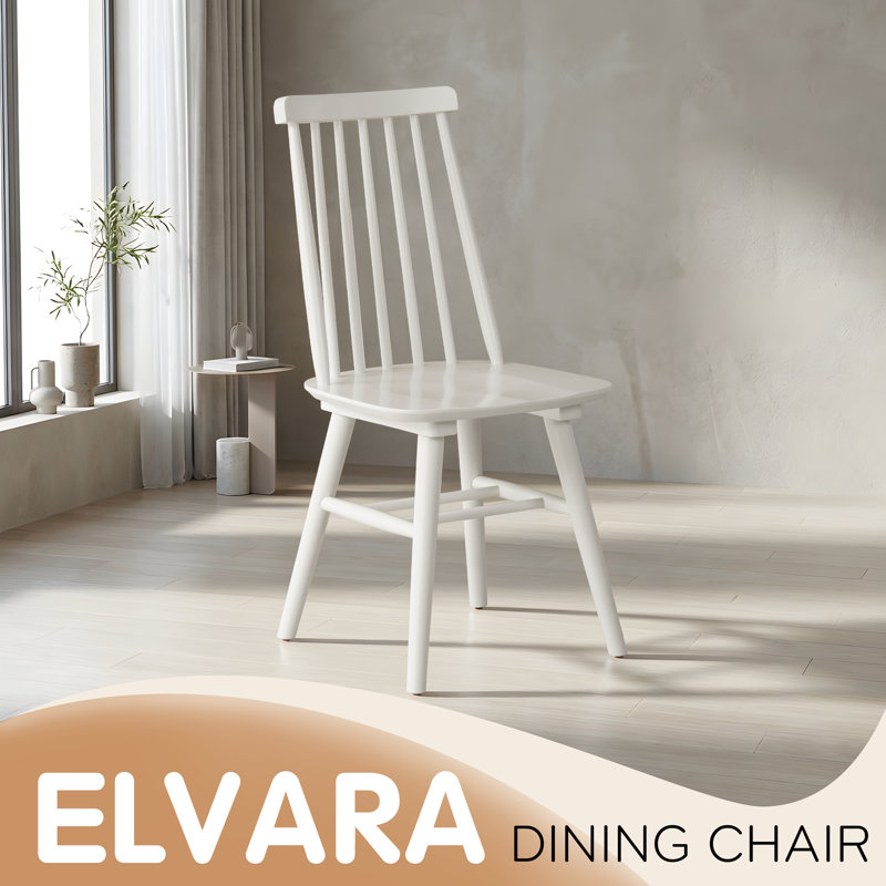 Norvia & Elvara Scandinavian Solid Wood 5-Piece Dining Set, 60'' Rectangular Table with Beveled Edge & Metal-Capped Legs, 4 Windsor Spindle Back Chairs, Classic White Oak