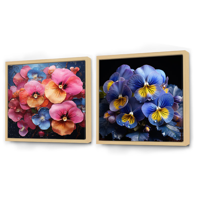 Neon Tropical Fantasy Pansys - Ensemble de 2 collages carrés, Cadre flottant brun, H 16 po x l 33 po
