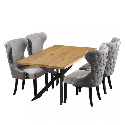 Bootle 4 Person Dining set - a Rectangular Wooden Dining Table with Metal Legs and a Set of 4 Quilted Velvet Dining Chairs for Dining Room - Modern Dining Table Set