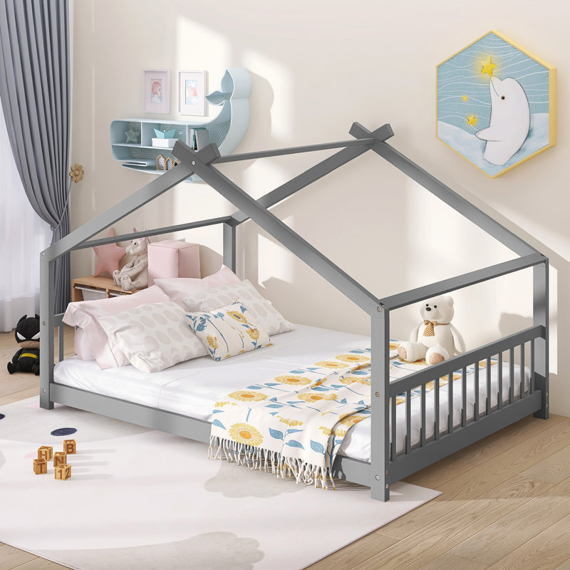 Lit double en bois, gris, Gris, Lit double