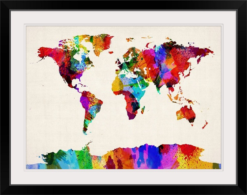 «Francy World Map» par Michael Tompsett, impression, H 34 po x l 44 po x P 1 po, Cadre noir