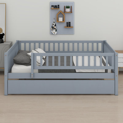 Wood Daybed With Trundle And Fence Guardrails