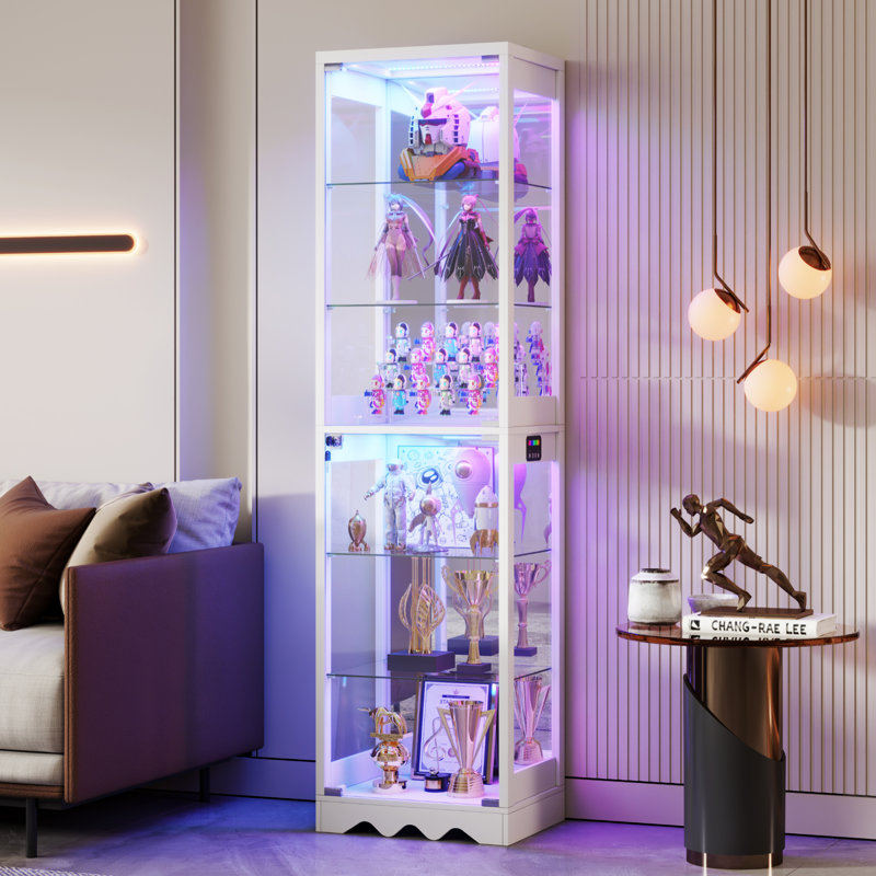 6-Tier Display Cabinet with Human Body Sensor RGB Lights, White