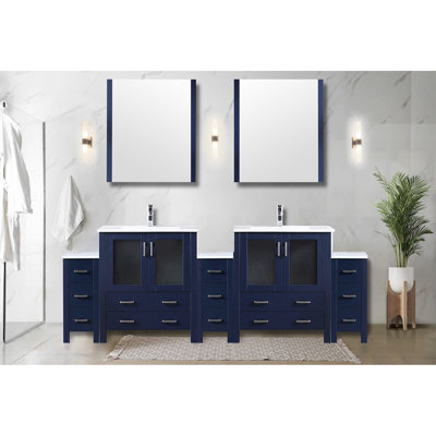 96 po, bleu marine, meuble-lavabo double, armoires latérales, robinet inclus, 28 po Miroirs, meuble-lavabo de salle de bain bleu avec teinture, plateau en céramique blanche pour une utilisation à long terme