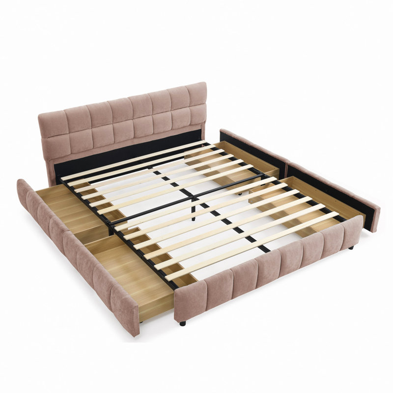 Lit tapissier, base de lit tapissier confortable, tissu chenille, avec tête de lit et base de lit solide. Avec tiroir pour le rangement (88,5 po x 68,5 po x 31 po)