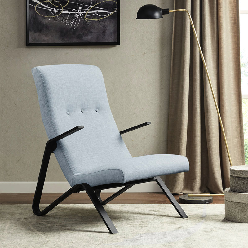 Chaise d'appoint en bleu - Contreplaqué de bois massif, accoudoirs et pieds en métal, décompression à haut dossier, aspect de qualité moderne et réconfortant