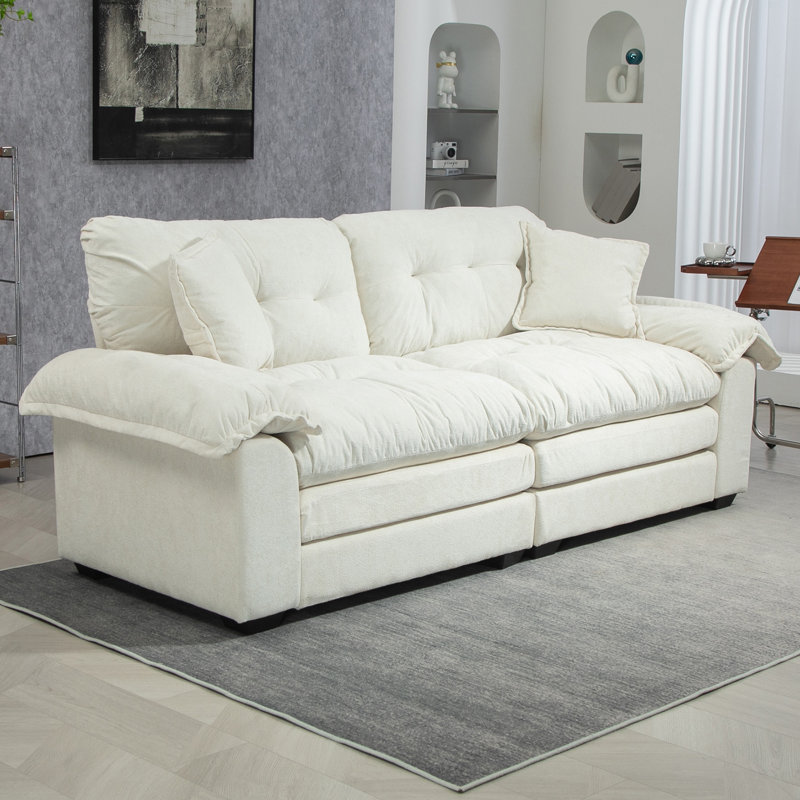 Canapé en chenille à assise profonde et 2 coussins décoratifs