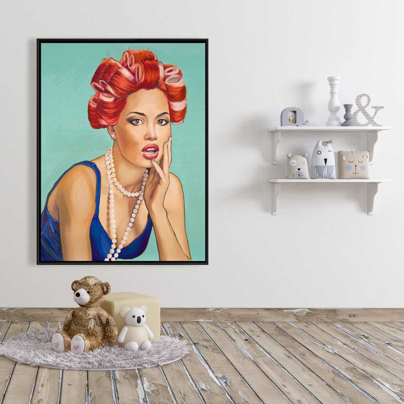 Pin Up with Curler - Art sur toile encadré bleu chambre