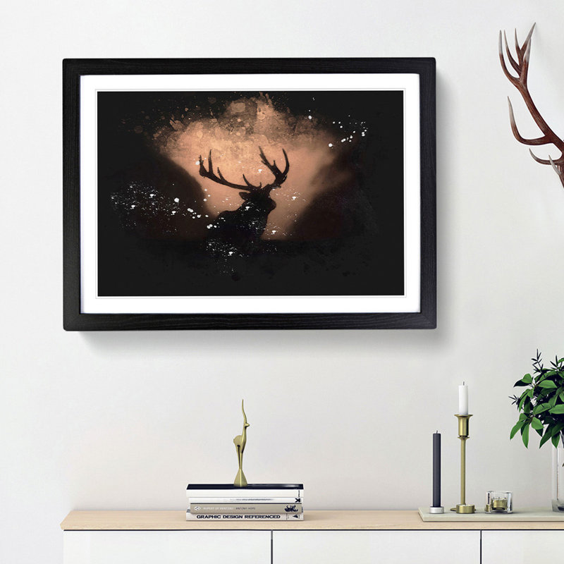 Stag In The Sunset - Picture Frame Graphic Art, Black Framed, 62cm H x 87cm W x 2cm D