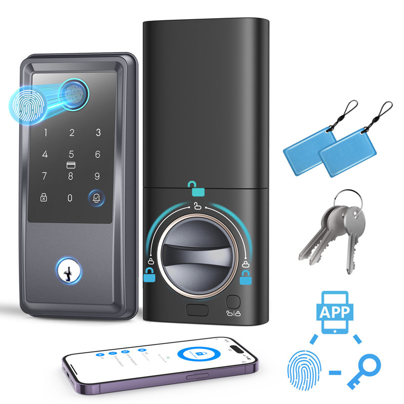 G6 Smart Keyless Entry Door Lock with Handle - APP & 2.4G Wi-Fi Control, Built-in Doorbell, Fingerprint & Keypad, Dark Grey