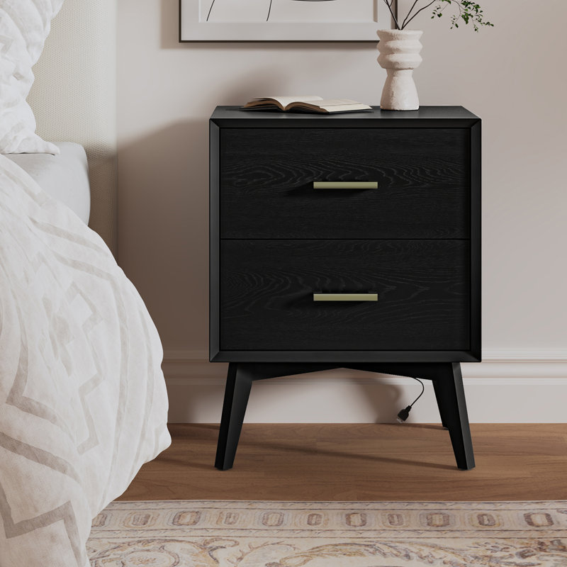 Preston 26"H Modern 2-Drawer Nightstand with USB Ports and Flared Legs, Black