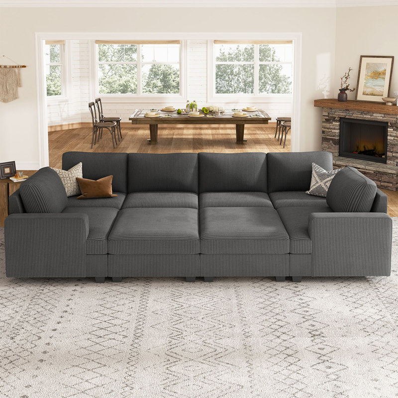 Canapé-lit modulaire en U avec espace de rangement Anureet, H 35 po x l 120,6 po x P 65 po, Non, Velours côtelé gris