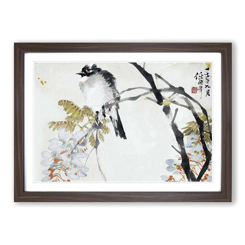 Bird on a Tree by Jin Nong - Picture Frame Painting Print, Walnut Framed, 36cm H x 48cm W x 2cm D