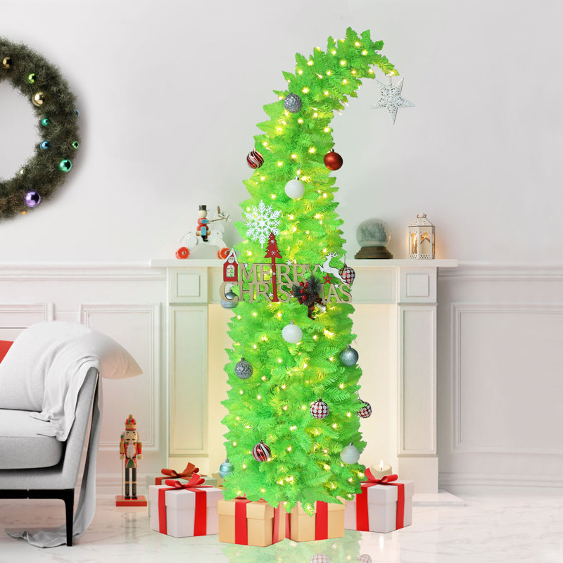 Arbre de Noël artificiel incurvé de 6 pi avec lumière blanche chaude et étoile, Vert