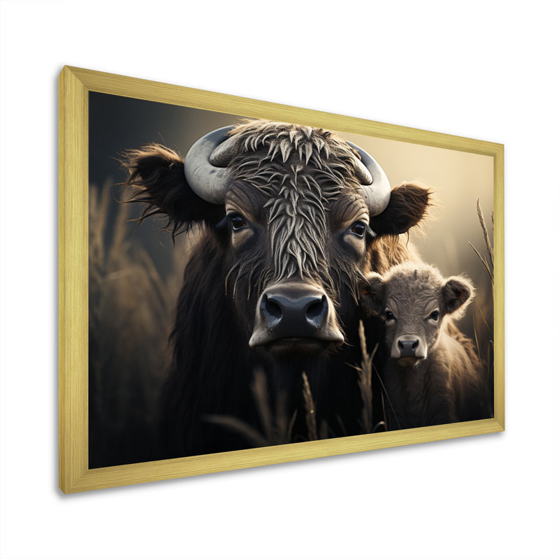 Brown Buffalo Gentle Guardians - Animals Canvas Art Print, Cadre doré à une seule photo, H 34 po x l 44 po x P 1,5 po