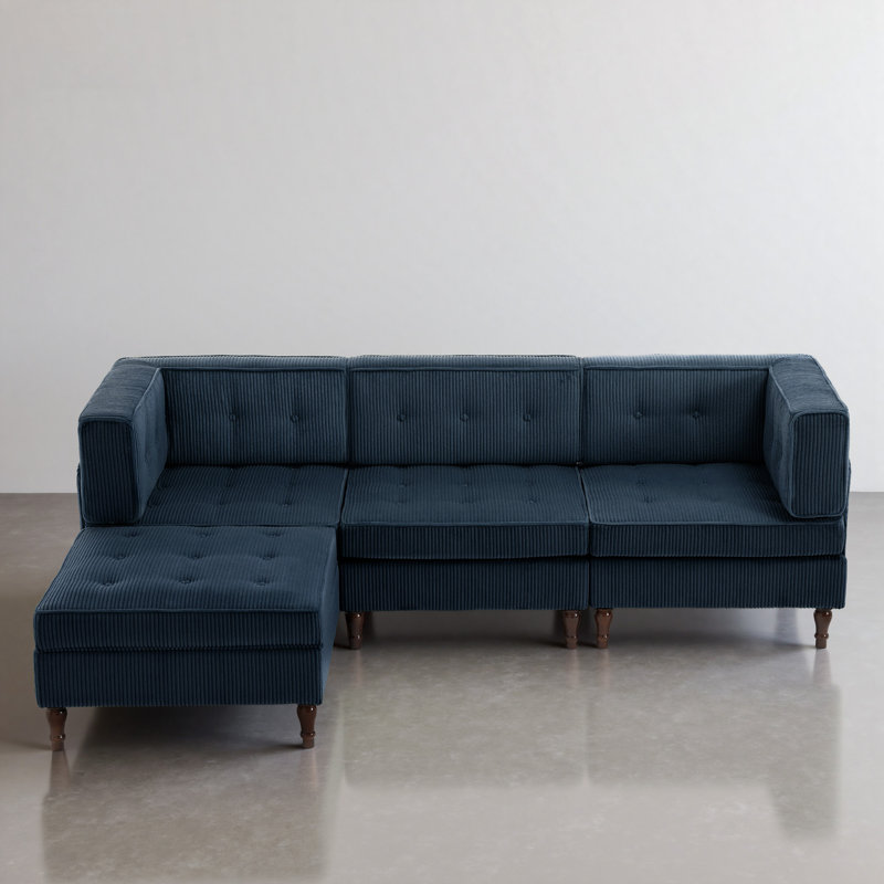 4 - Piece Upholstered Tufted Corduroy Modular Corner Sofa with Pillow Back and Removable Flip-Tray Top Storage Ottoman 