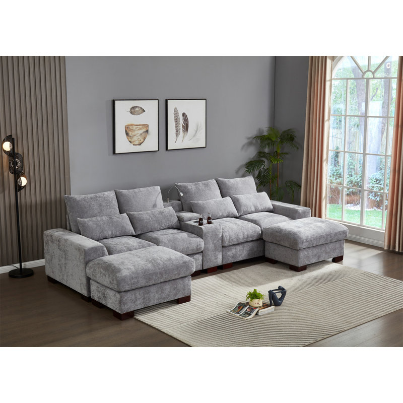 Modern Sectional Sofa Couch With Console, Light Gray Fabric