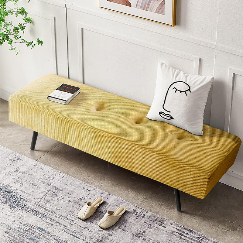 39.4" Corduroy Upholstered Bench, Yellow