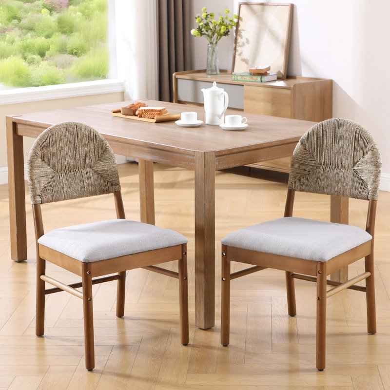Chaises de salle à manger Boho avec revêtement en lin tissé et dossier en corde tissée (ensemble de 2), Brun, Gris