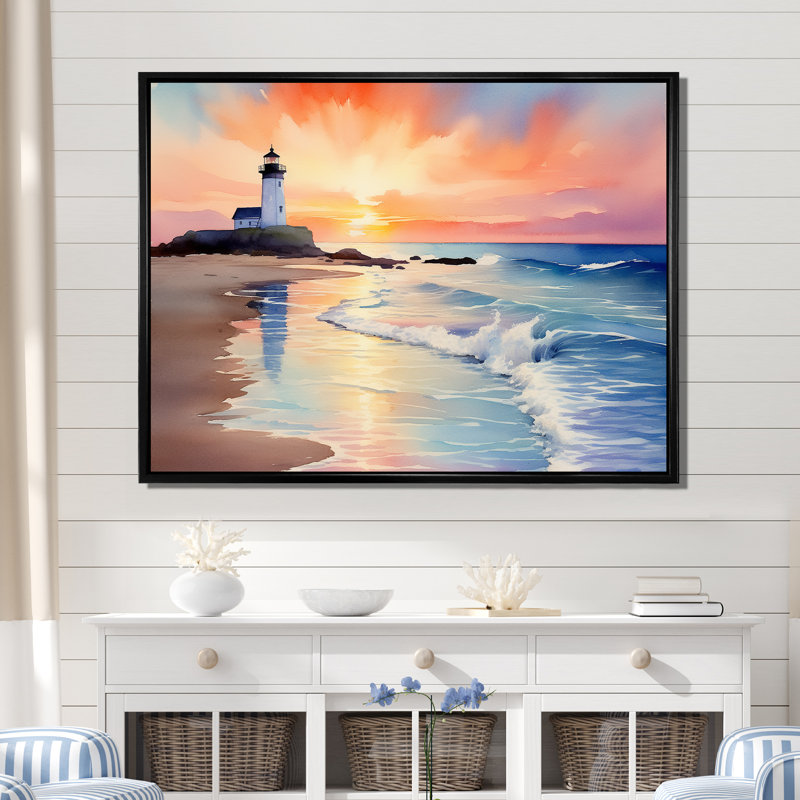Orange coucher de soleil sur la plage, phare de la sérénité II - art mural plage, Cadre flottant noir