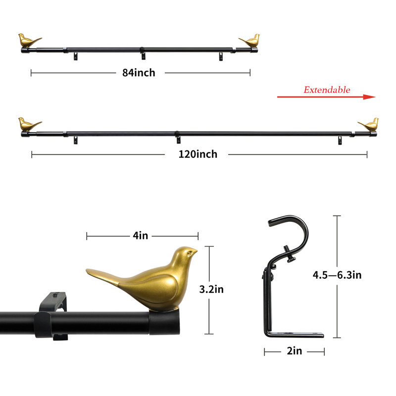 Tringle à rideaux simple ajustable 0,75 po, Noir, 84" - 120"