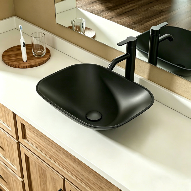 18'' Matte Black Tempered Glass Vessel Sink Set, Rounded Rectangle Above Counter Bathroom Sink with Black Faucet & Drain