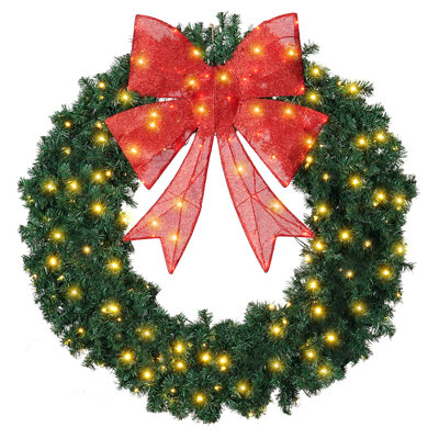 Couronne de sapin de Noël artificielle illuminée 48 po avec arc rouge The Holiday Aisle®, 200 lumières DEL, 714 pointes, à brancher