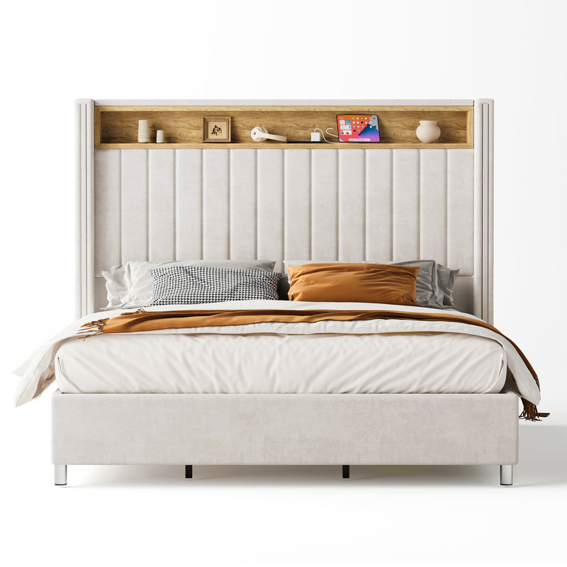 Bed Frame with LED Lights and Charging Station, Tall Headboard and Wingbacks Platform Bed, Cream, Queen