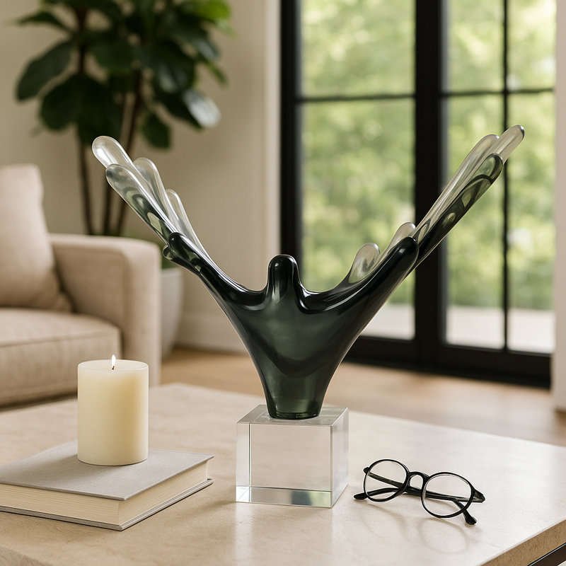 Bixler Artistic Agua Splash Sculpture for Home Decor - Glass Statue Decorative Object Figurine - Elegant Decorations for Living Room - 14", Gray & Clear