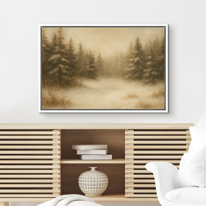 «Snowy Evergreen Forest in Soft Golden Light», reproduction d'art sur toile encadrée dans la chambre principale, Blanc
